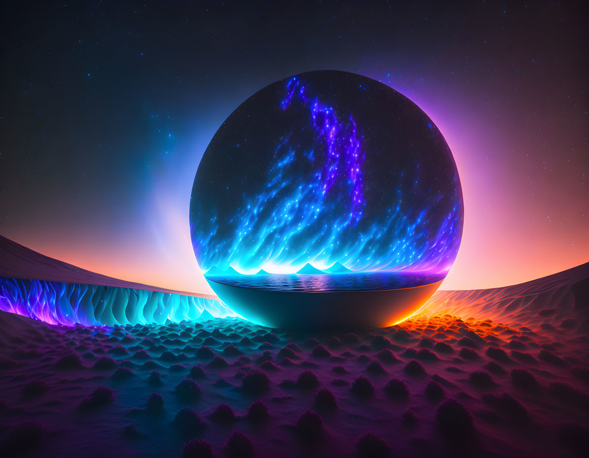 Cosmic desert scene in glowing orb under twilight sky