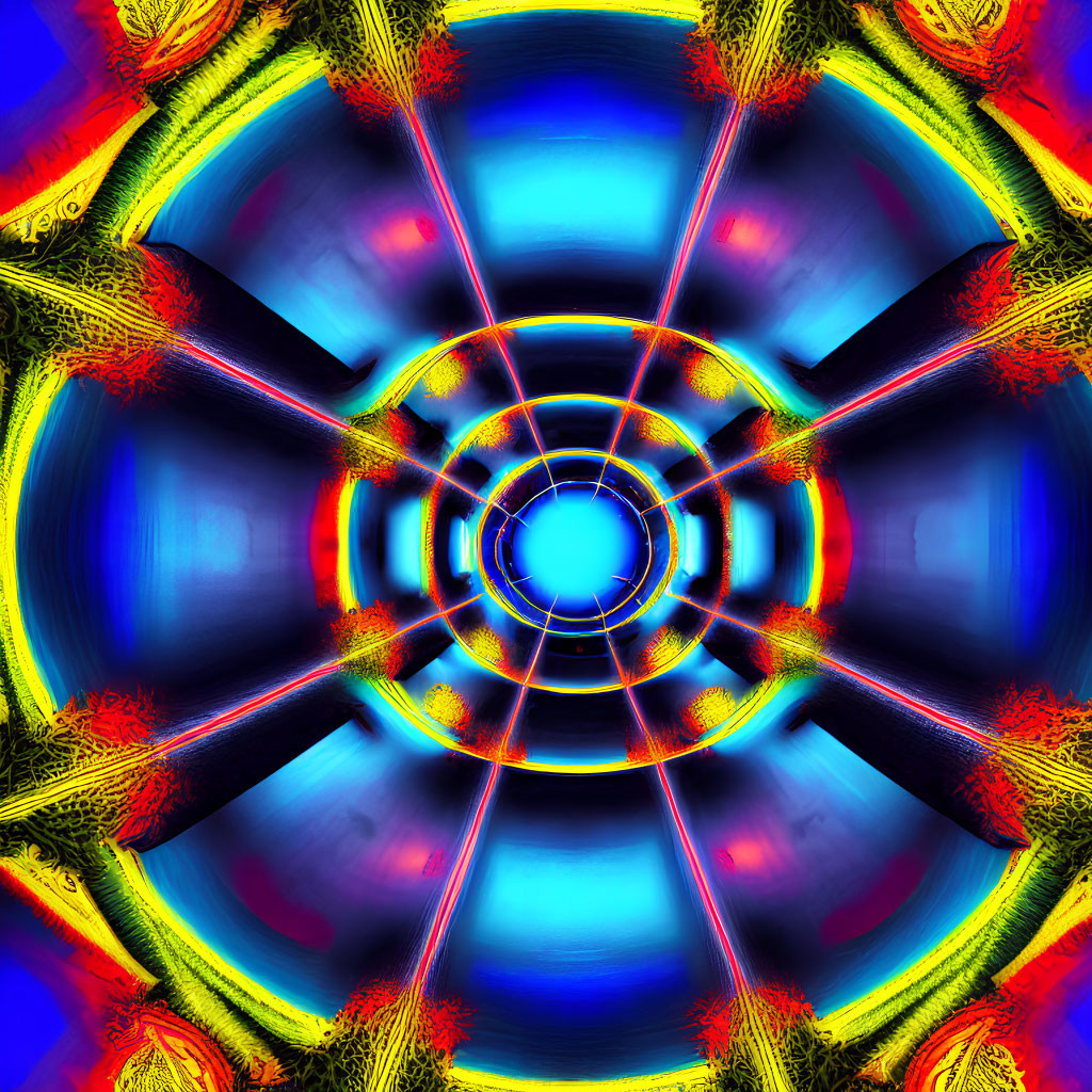 Symmetrical Blue, Red, and Yellow Fractal Art Display