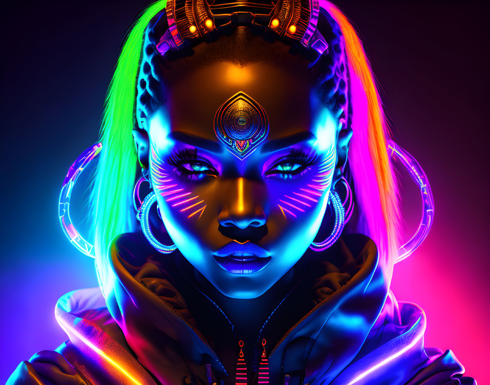 Colorful cyberpunk portrait of woman with neon makeup, futuristic headphones, and cybernetic enhancements