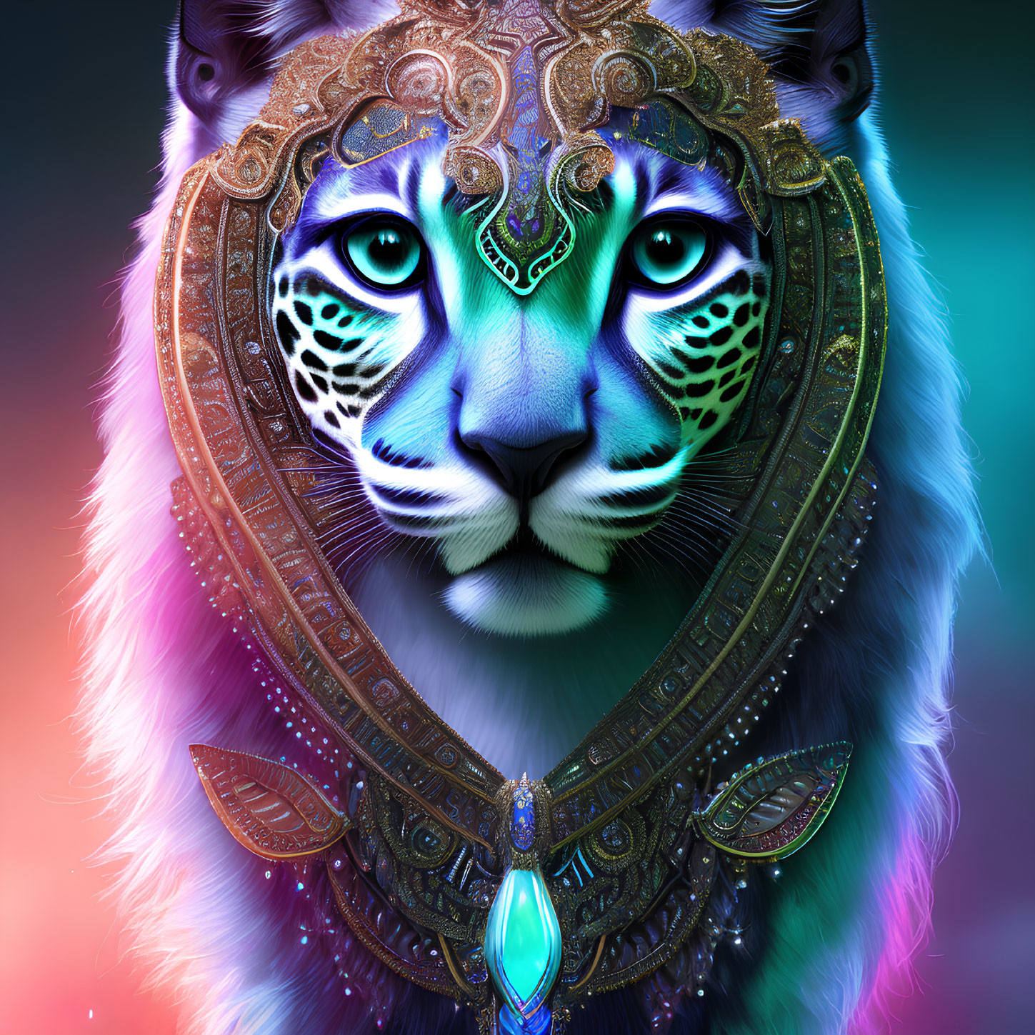 Colorful Leopard Face with Ornate Jewelry and Mystical Patterns