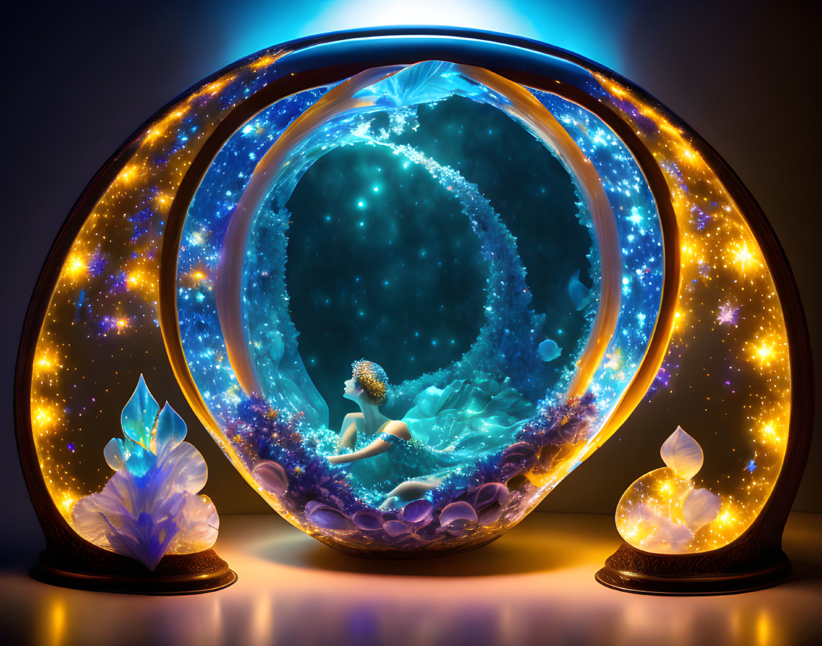 Woman in water-filled orb with glowing crystals and cosmic backdrop