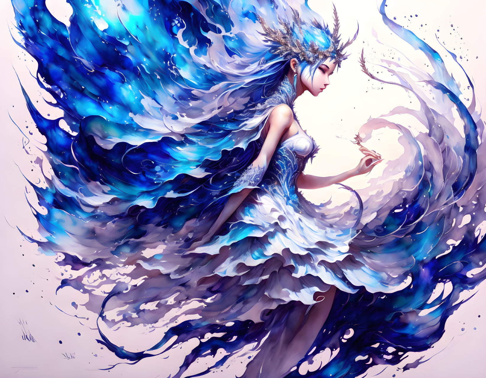 Ethereal animated woman with flowing blue hair and dress in dynamic swirls.