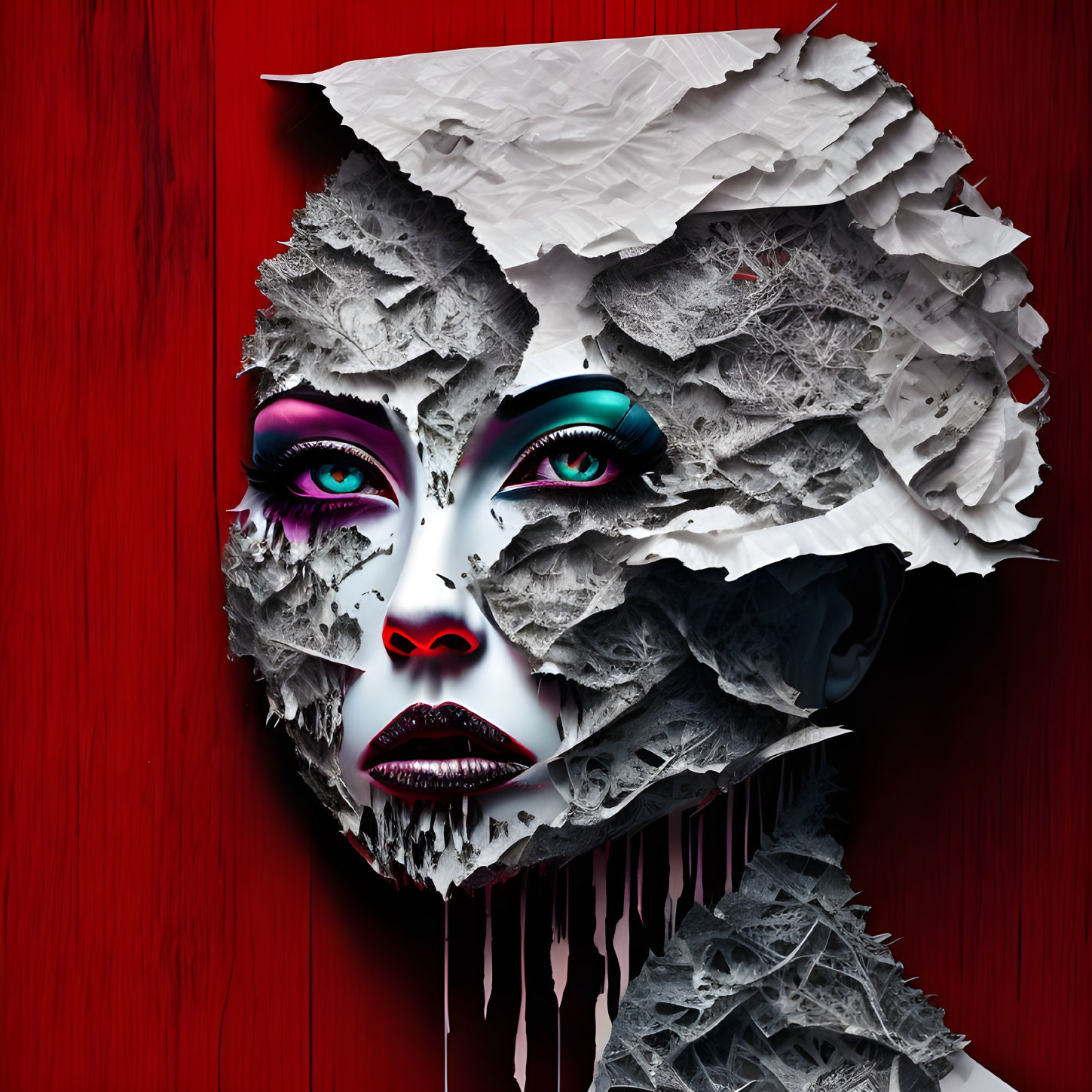 Surreal artwork: Woman's face with white textured layers on red background