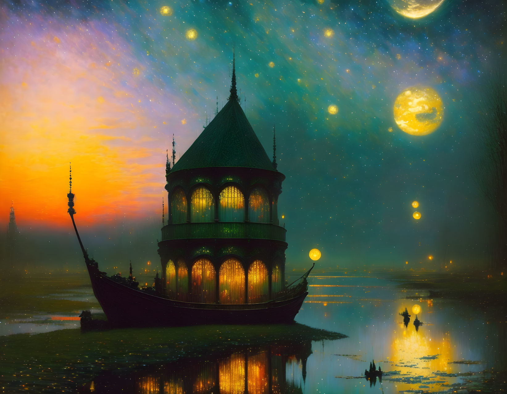 Fantasy tower-boat sailing under starry sky with multiple moons in misty landscape