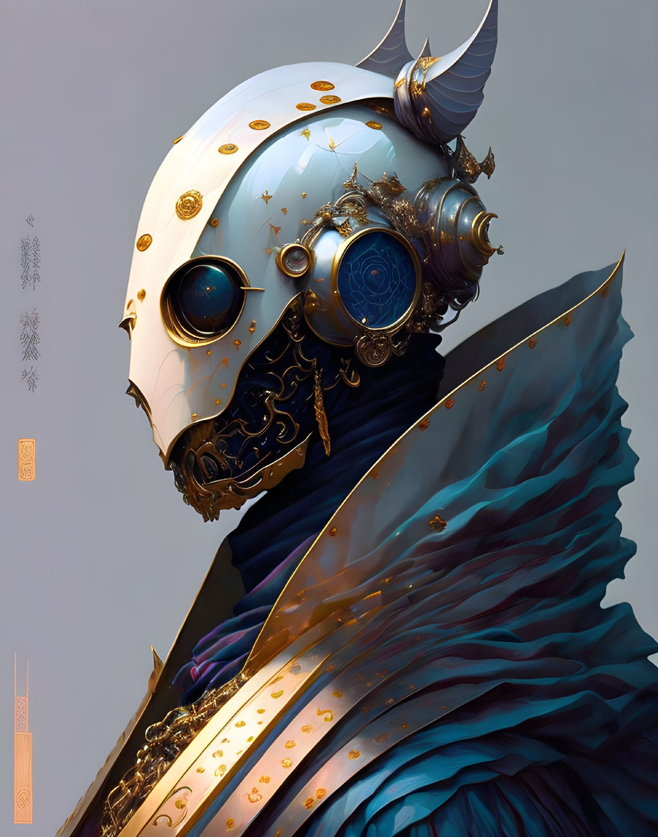 Steampunk-inspired bird mask with gold accents and blue feathered garment