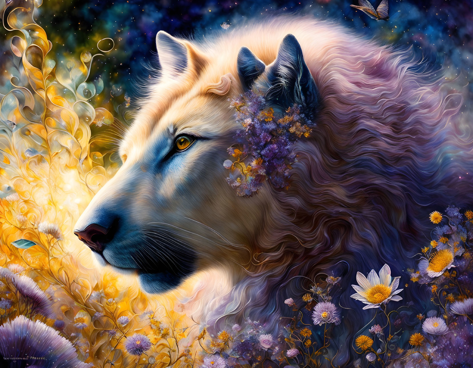 Majestic wolf digital painting with cosmic backdrop and vibrant flowers