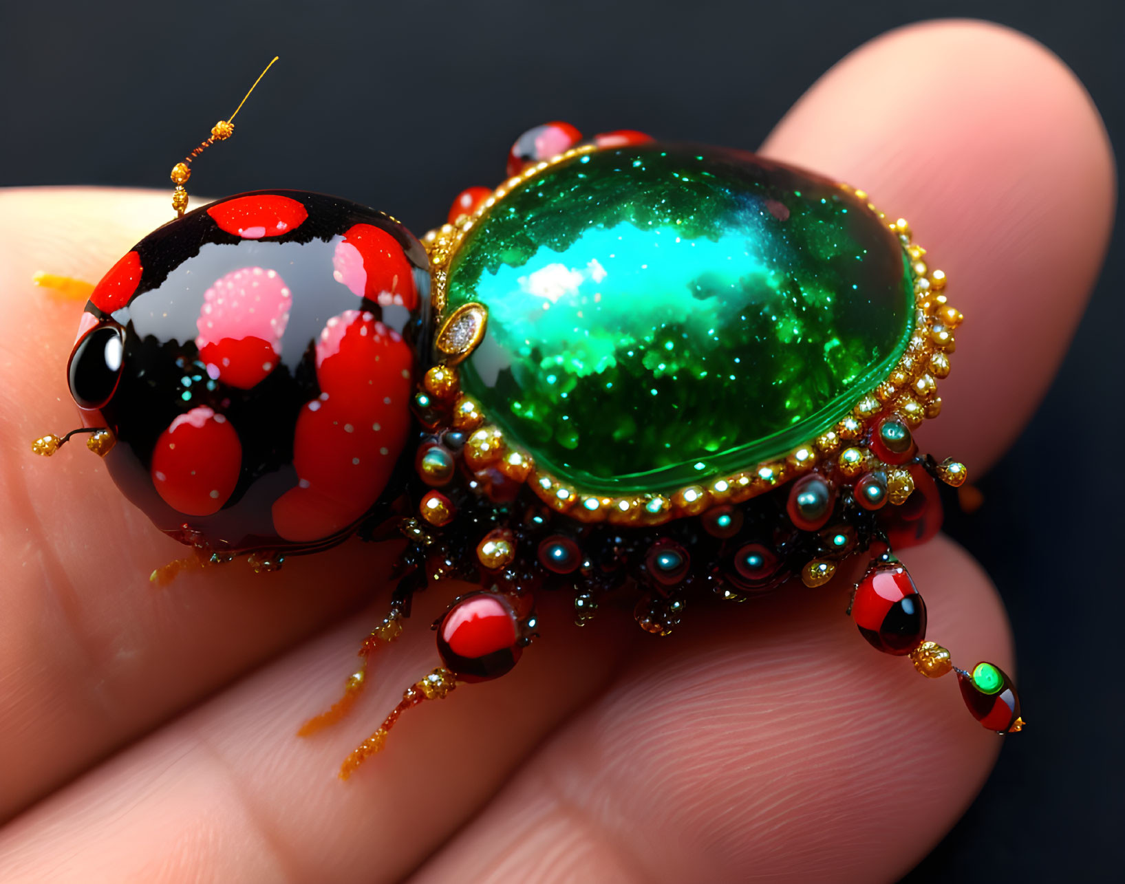 Person holding ornate jeweled ladybug object with green body