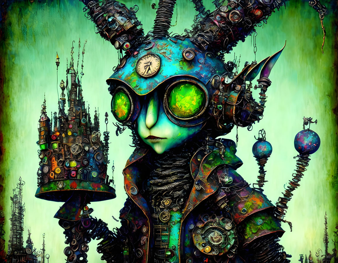 Steampunk character digital artwork with gear-adorned headgear