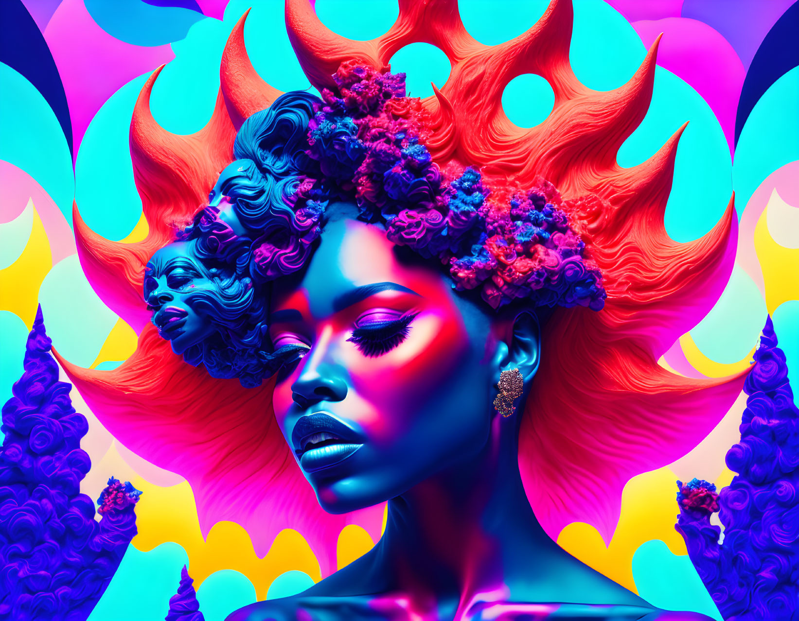 Colorful digital art: woman with blue skin and floral hair against psychedelic backdrop