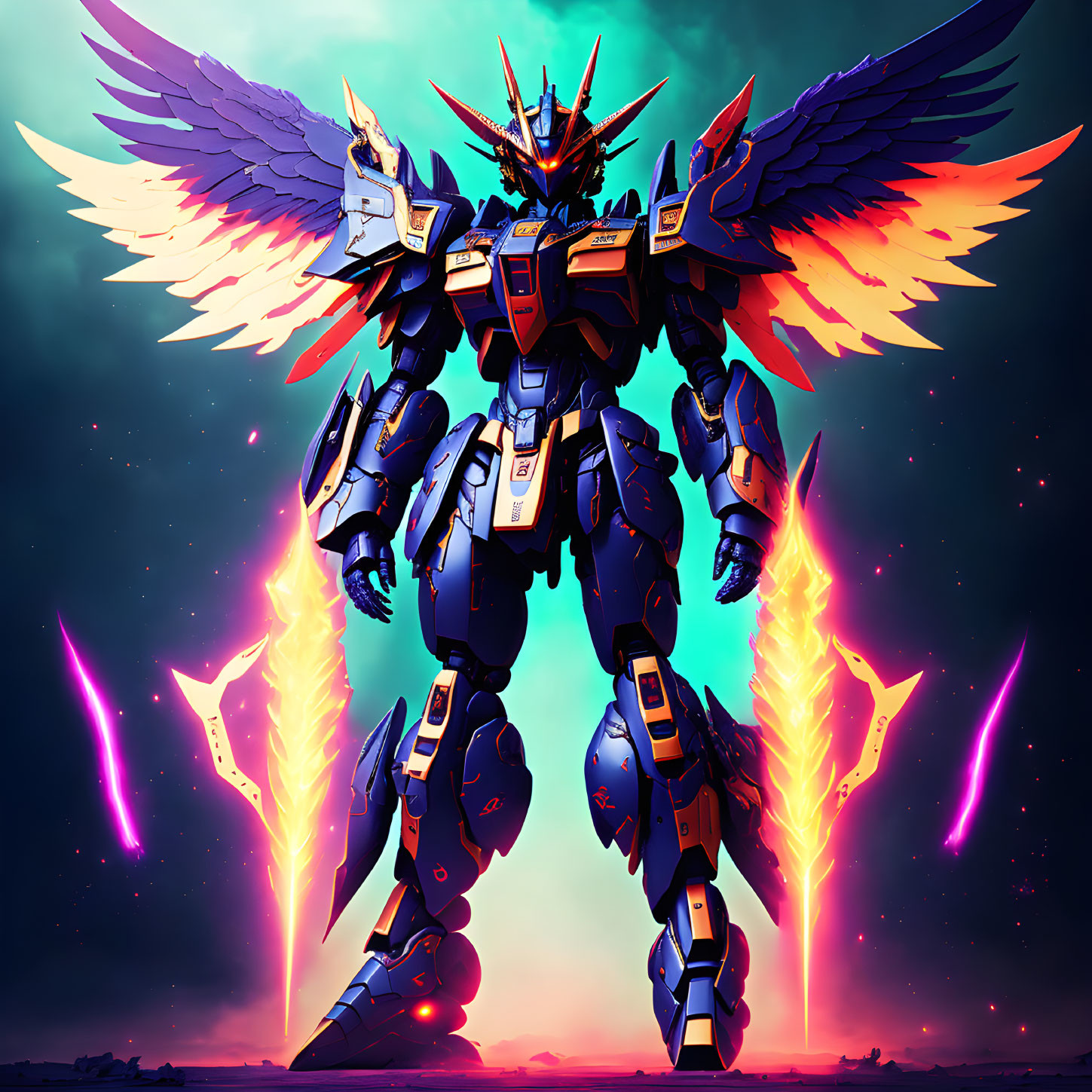 Colorful Mecha with Blue Armor and Twin Blades in Cosmic Setting