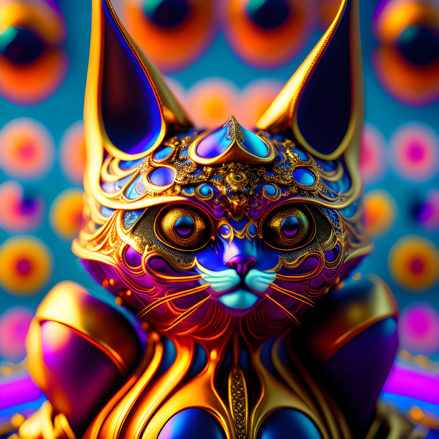 Colorful Digital Artwork: Stylized Cat with Golden Patterns on Blue and Orange Background