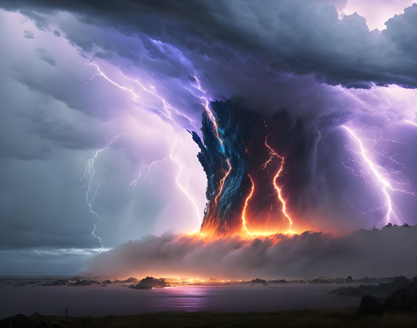 Intense lightning storm over serene landscape