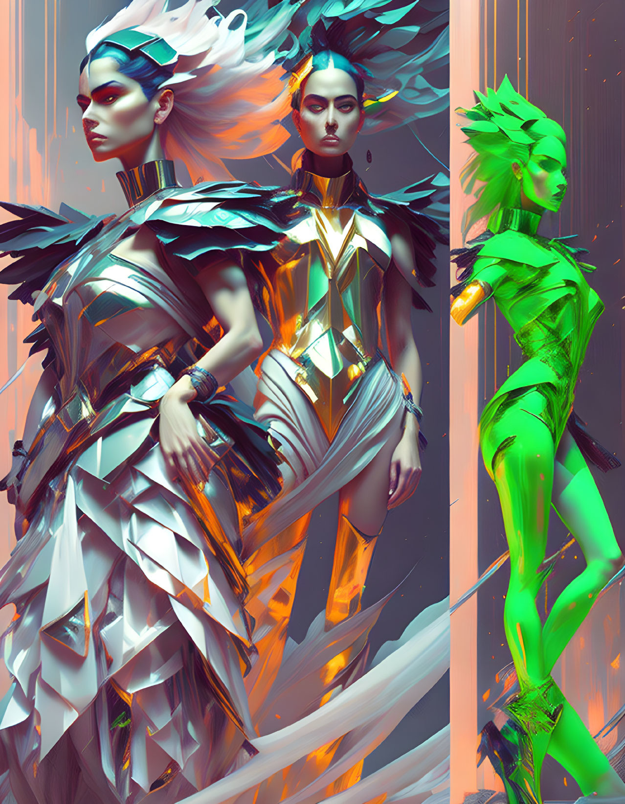 Stylized futuristic women in metallic armor and avant-garde hairstyles