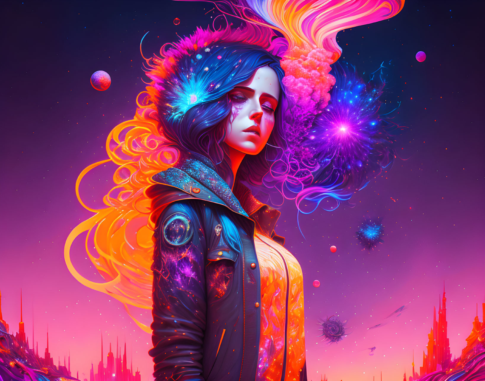 Digital art: Woman with cosmic hair in neon backdrop.