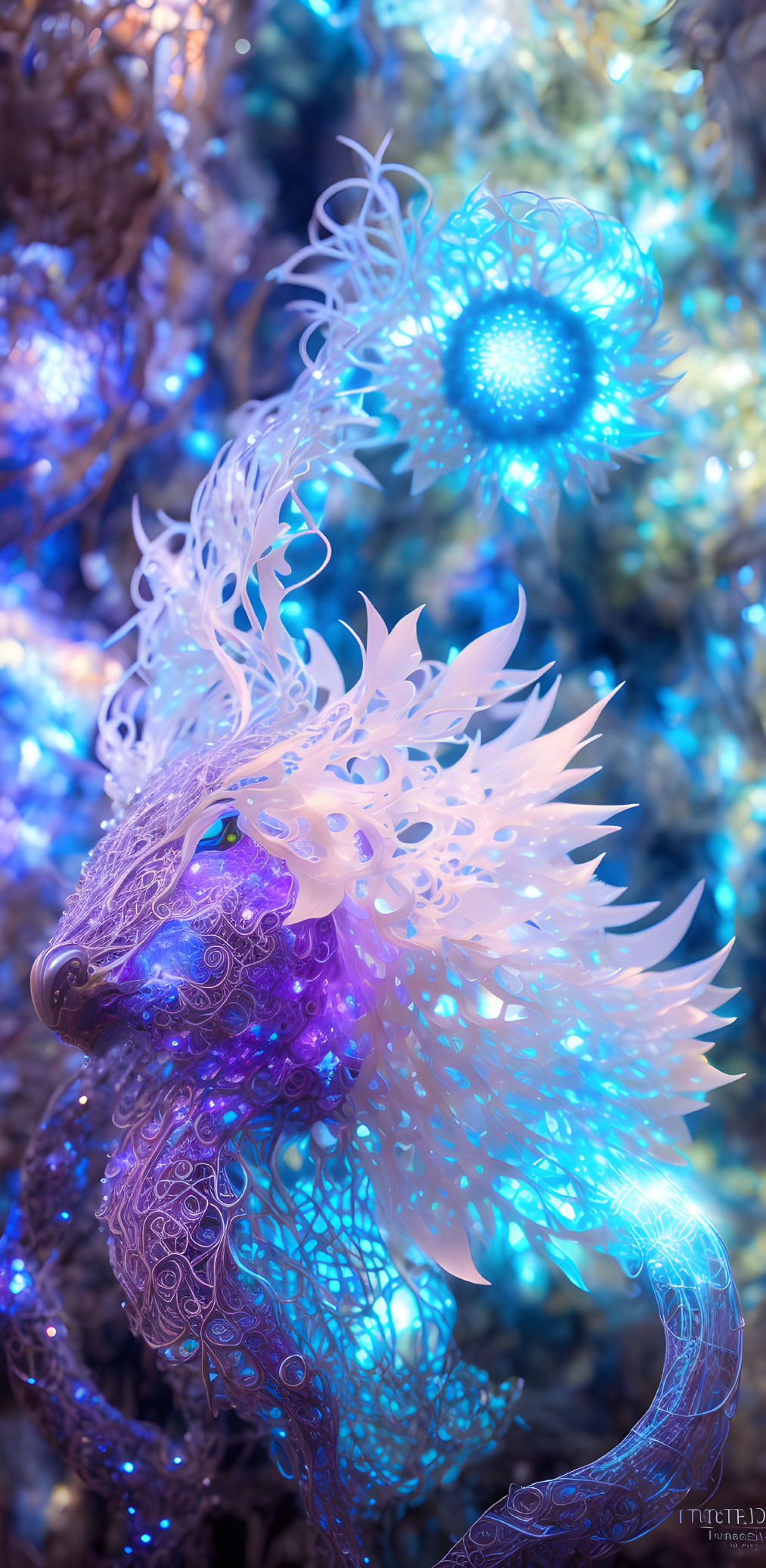 Ethereal dragon with glowing frills on colorful backdrop