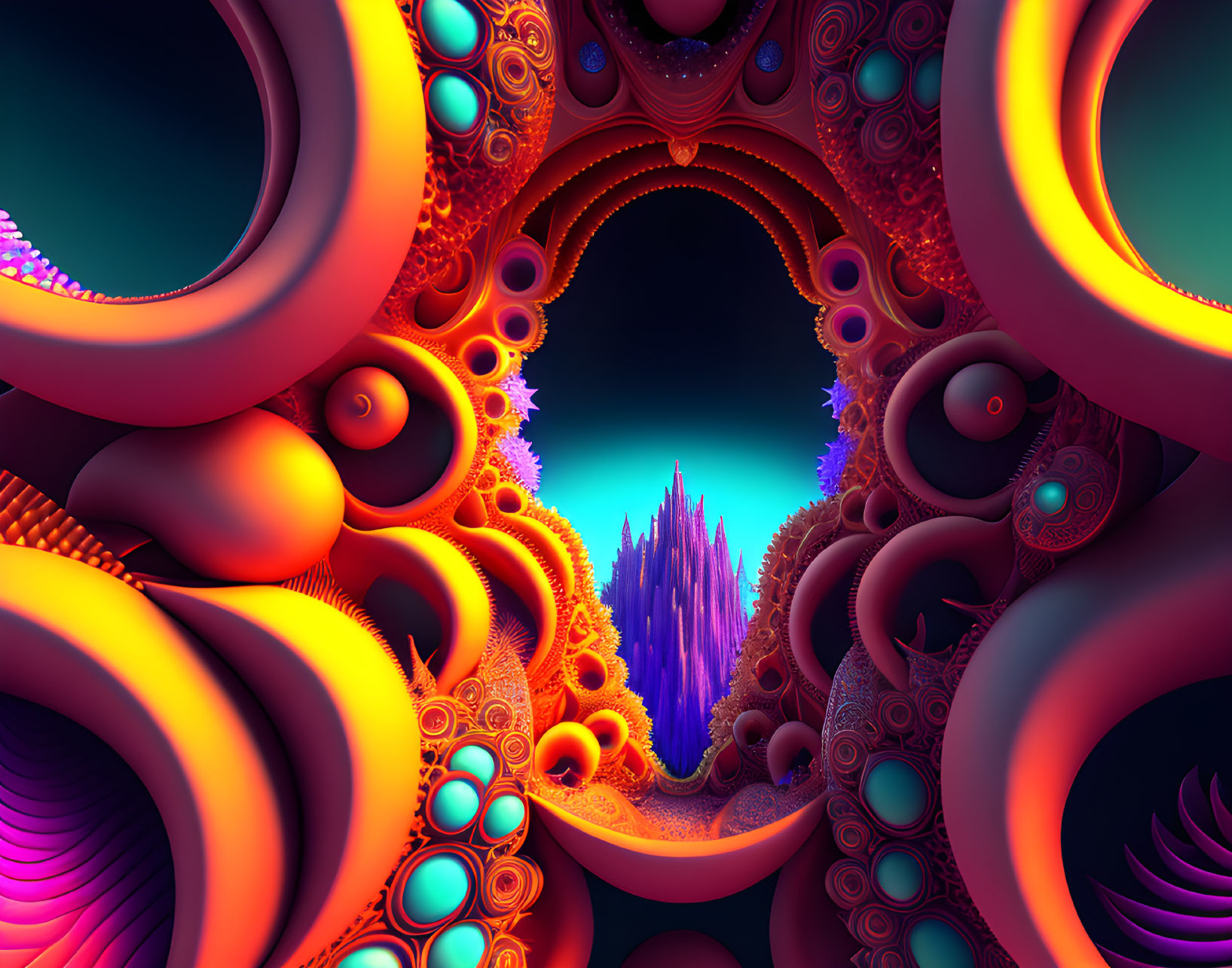 Colorful abstract fractal landscape with central archway and distant crystalline structure under teal sky