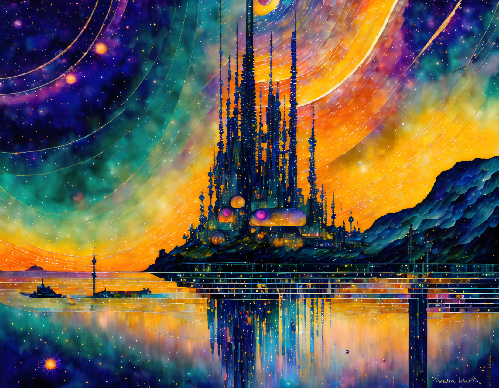 Colorful cityscape with tall spires under starry sky and celestial reflection.
