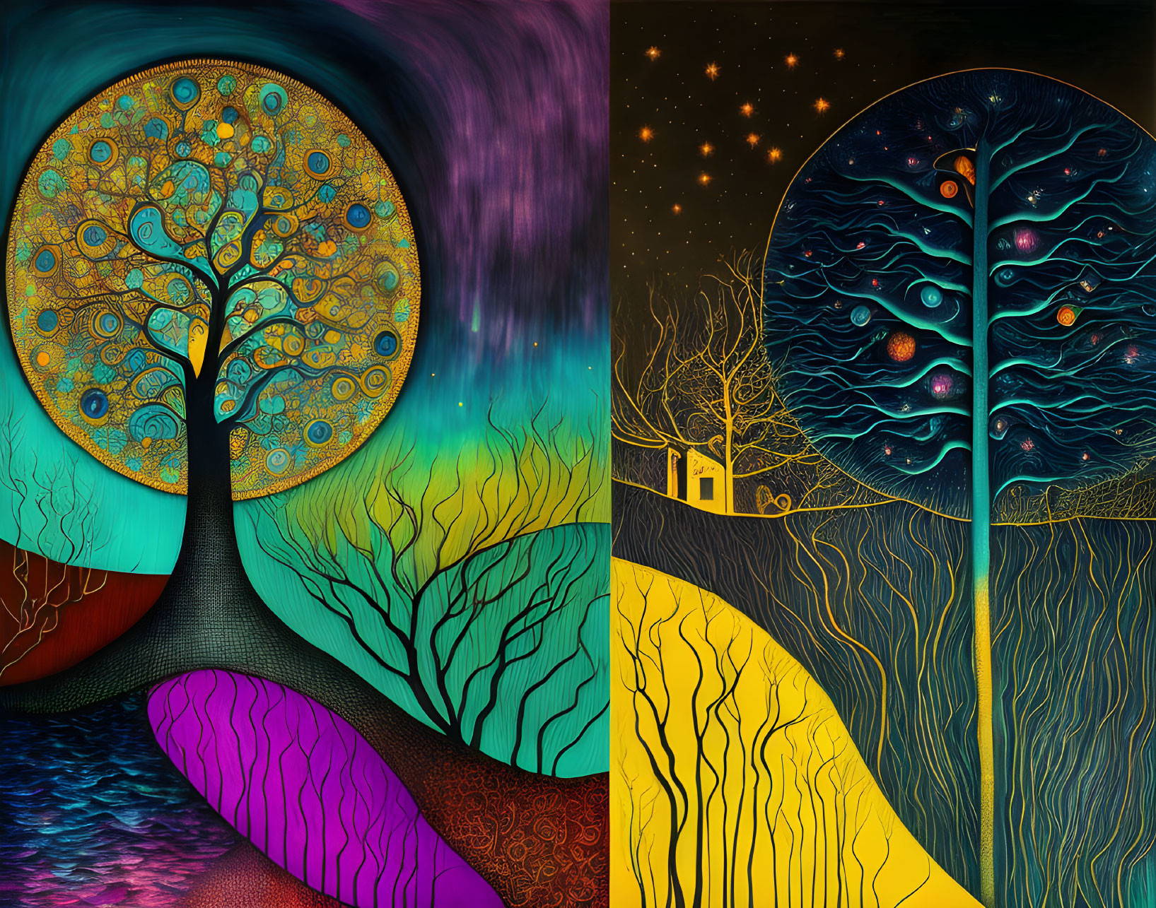 Whimsical diptych painting of cosmic trees on vibrant landscape