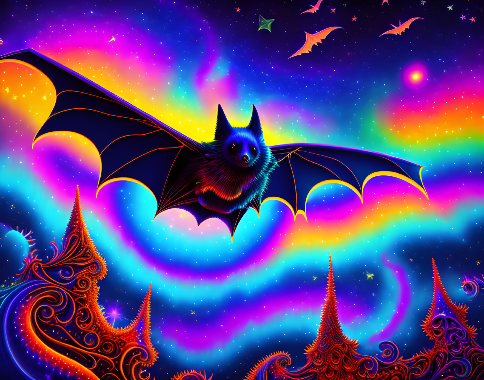 Colorful Digital Artwork: Glowing-eyed bat in psychedelic sky