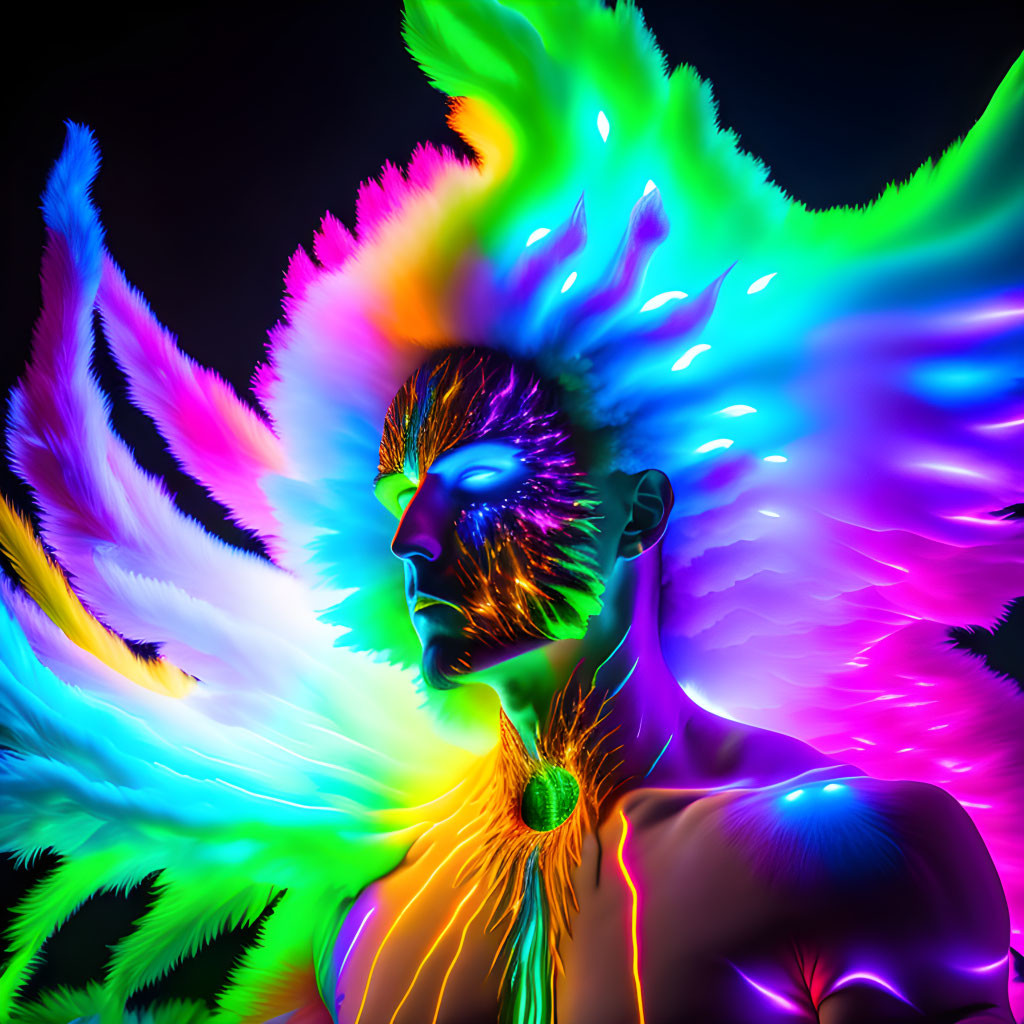 Colorful digital artwork: Neon person with abstract shapes & psychedelic aura