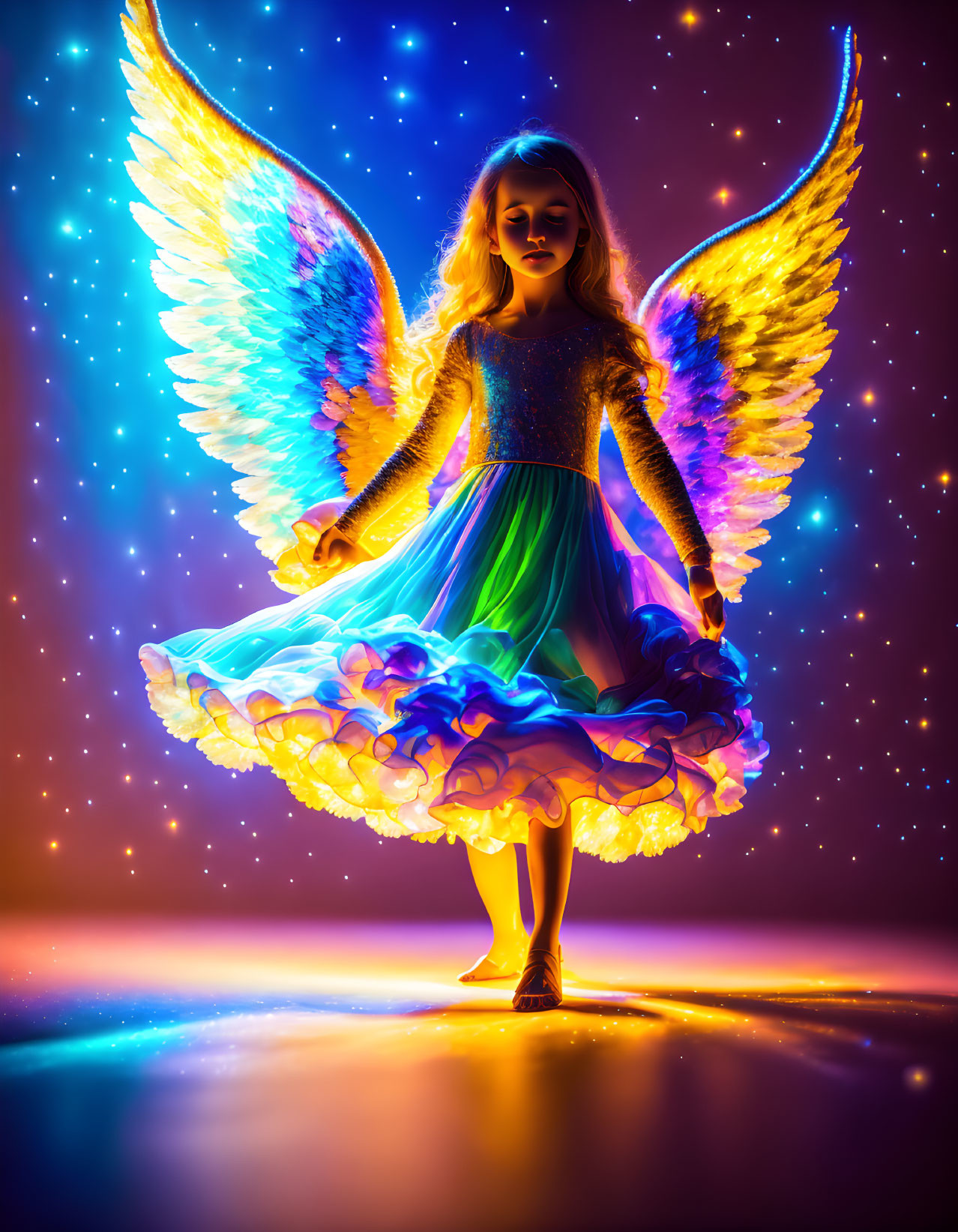 Multicolored angel wings on girl in glowing dress against dark backdrop