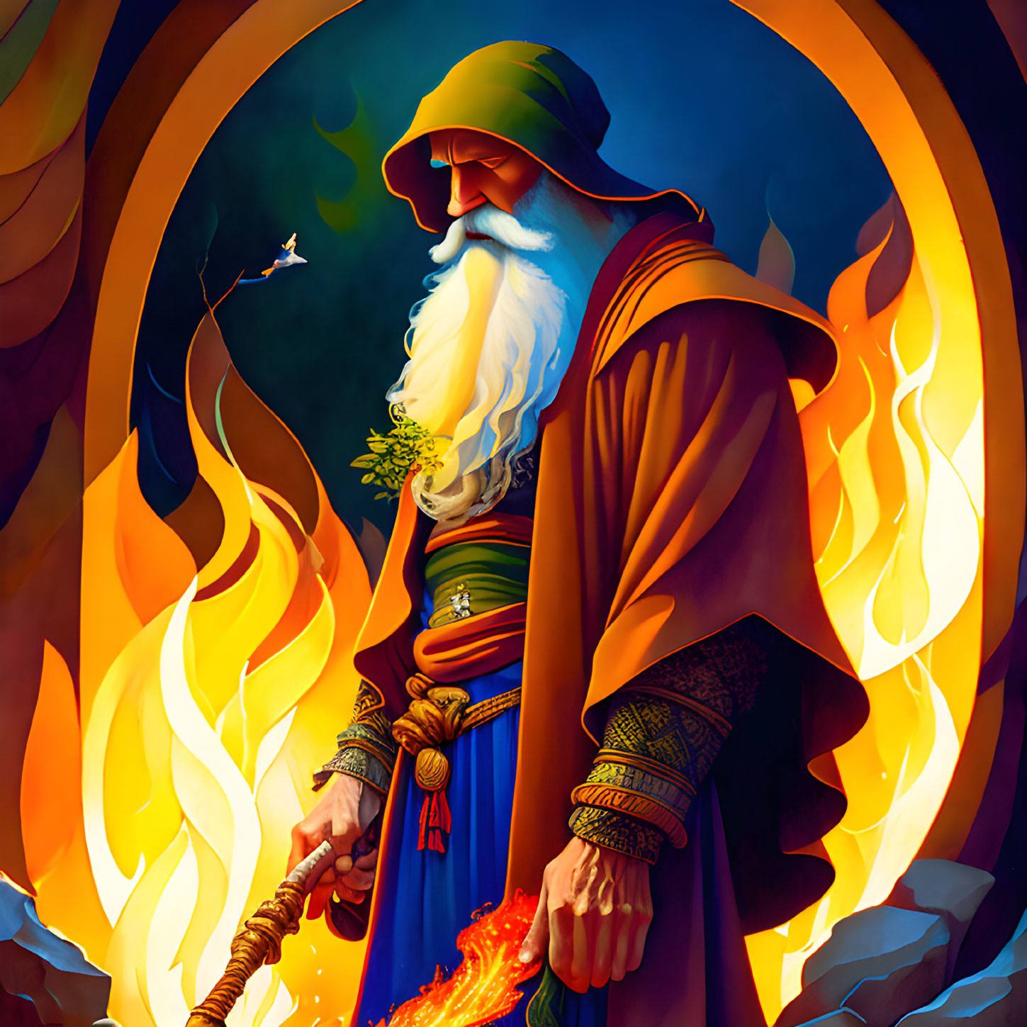 Colorful Robed Wizard Holding Fiery Orb Staff Surrounded by Flames