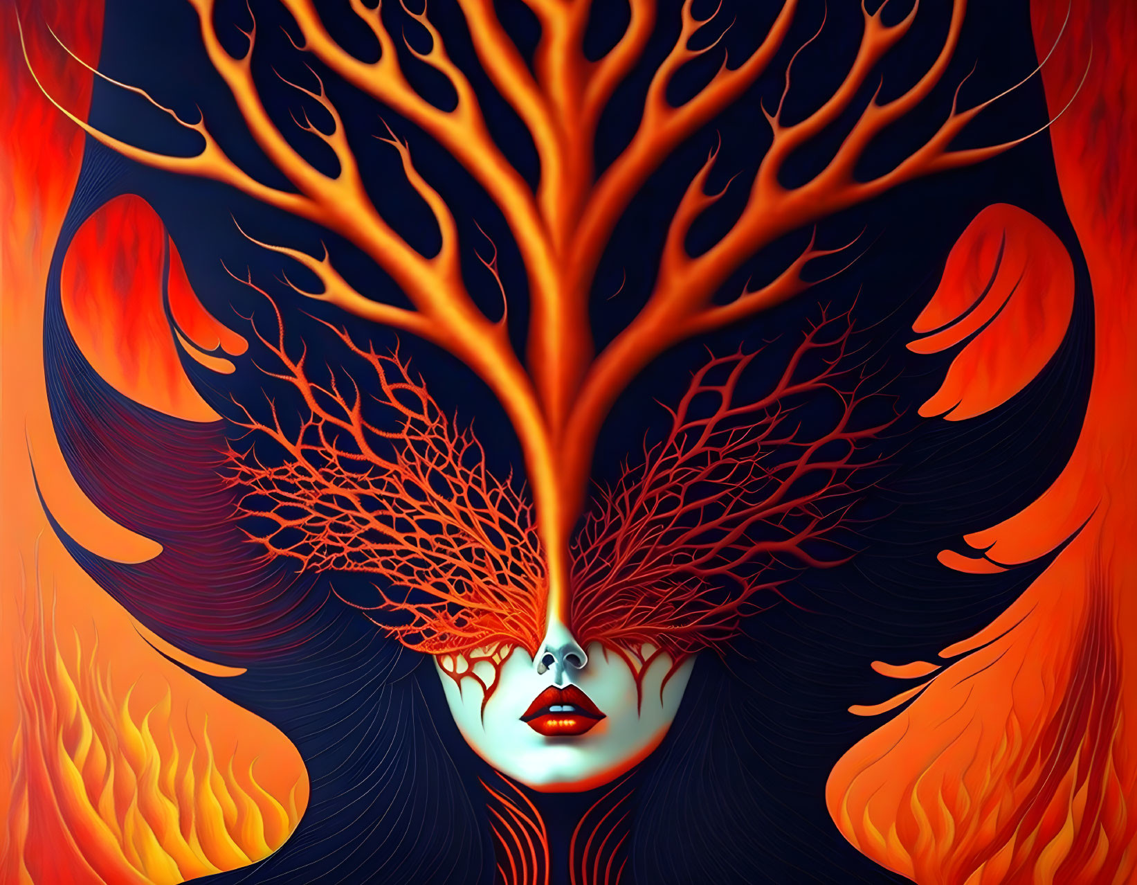 Surreal woman's face with branch hair merging into fiery phoenix motif