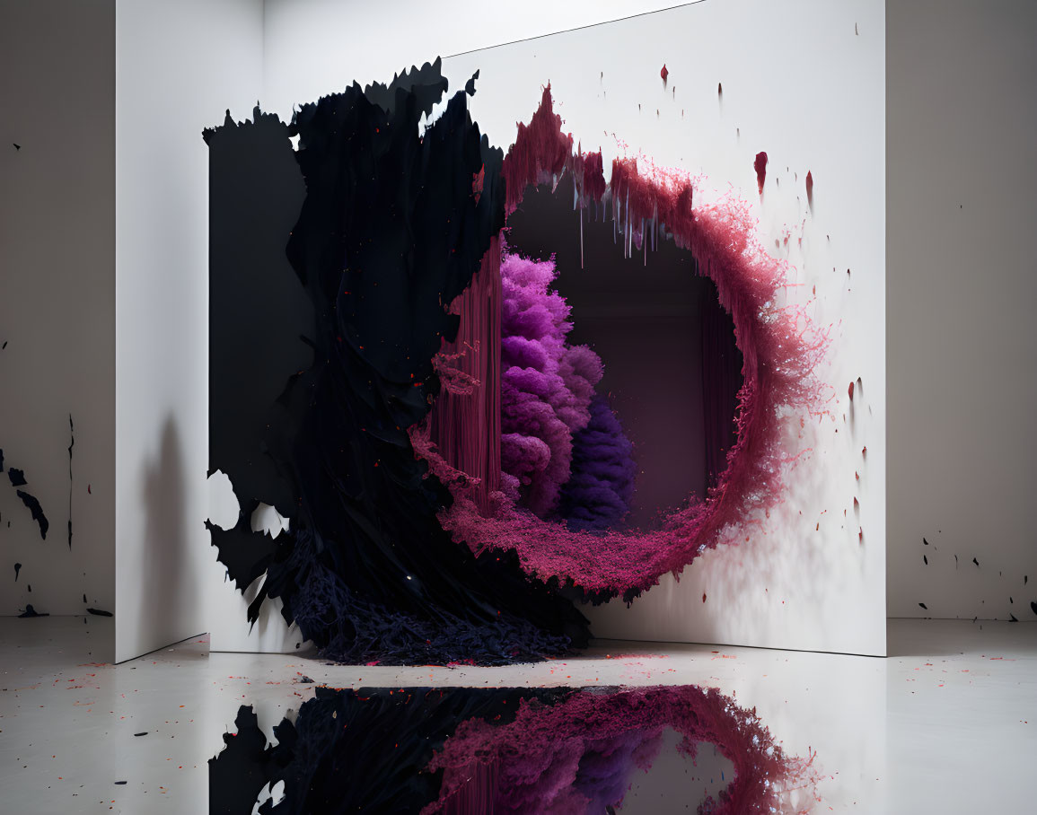 Dark and Purple Abstract Art Installation with Glossy Floor Reflection