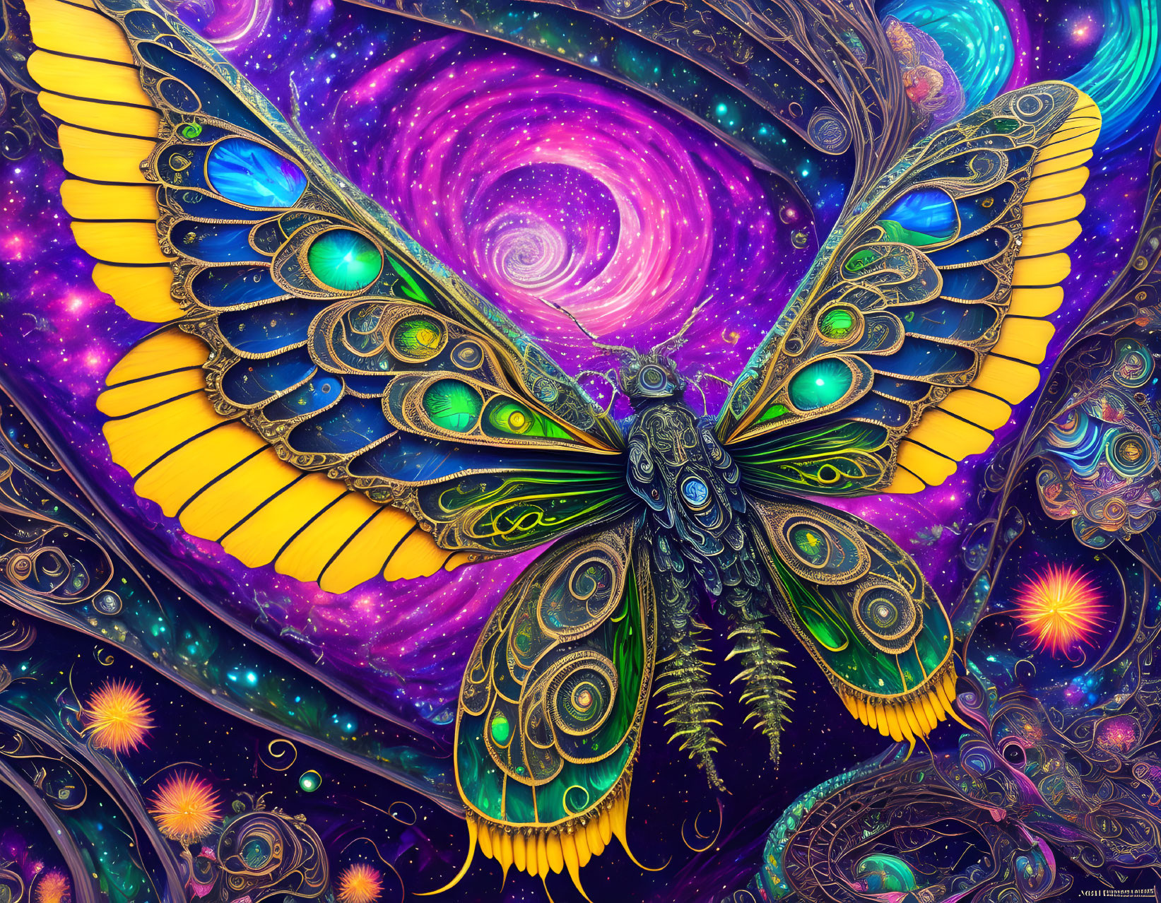 Colorful Butterfly Artwork Against Cosmic Background