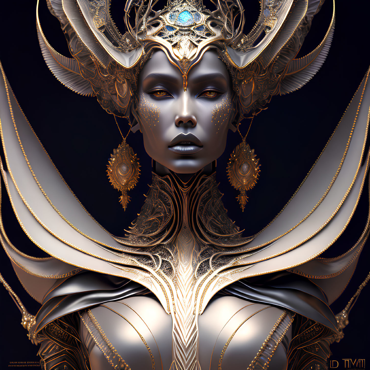 Futuristic digital art of woman in ornate gold and white attire