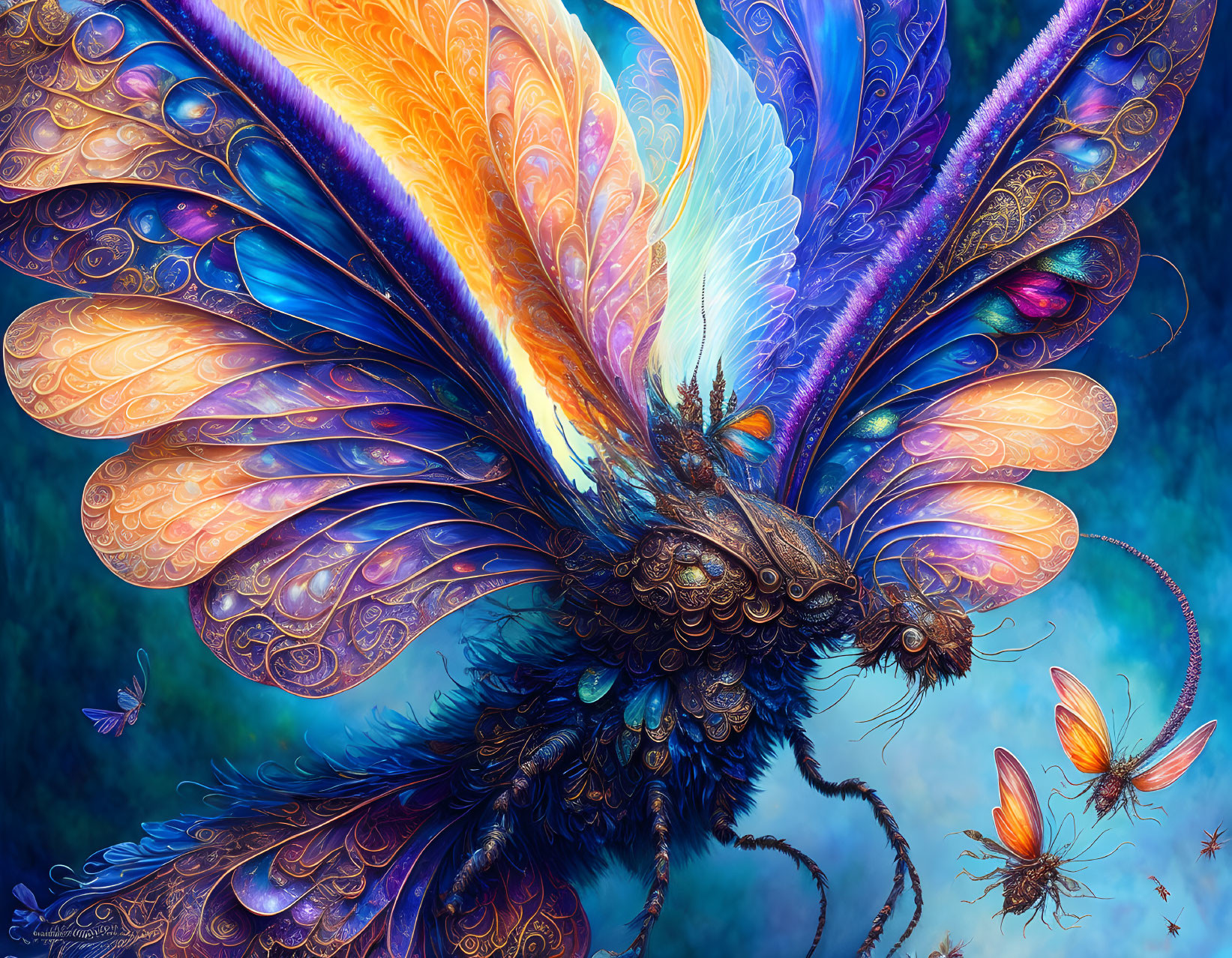 Fantasy butterfly digital art: Vibrant blue and orange wings in lush forest.