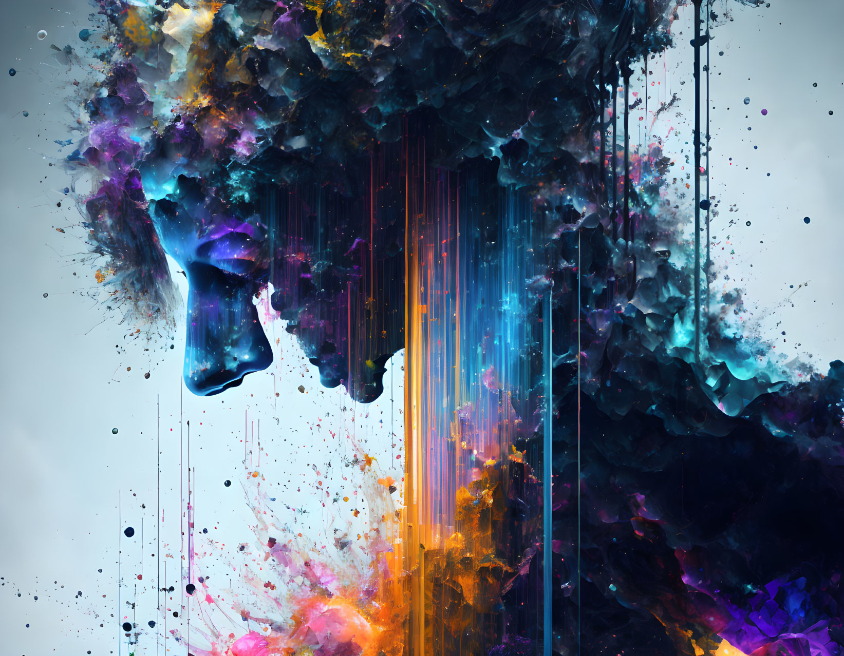 Colorful digital artwork: Abstract face in celestial chaos