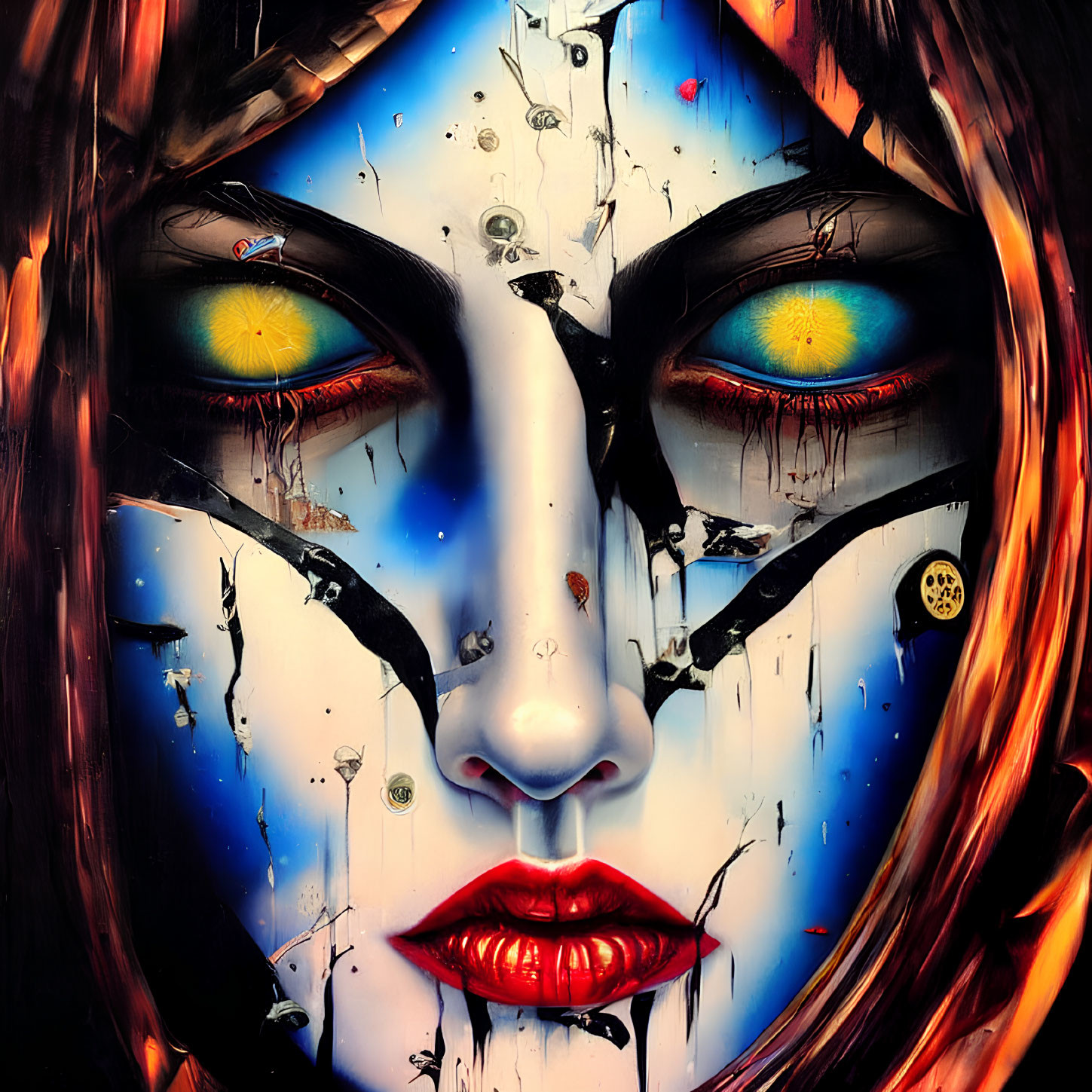 Vibrant surreal painting: Woman's face with melting features & symbolic elements