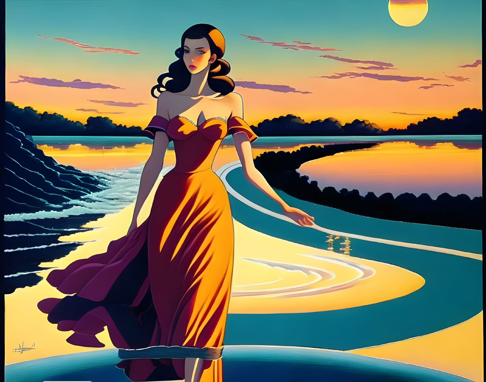 Vivid Art Deco-inspired woman in red and yellow dress on beach at sunset