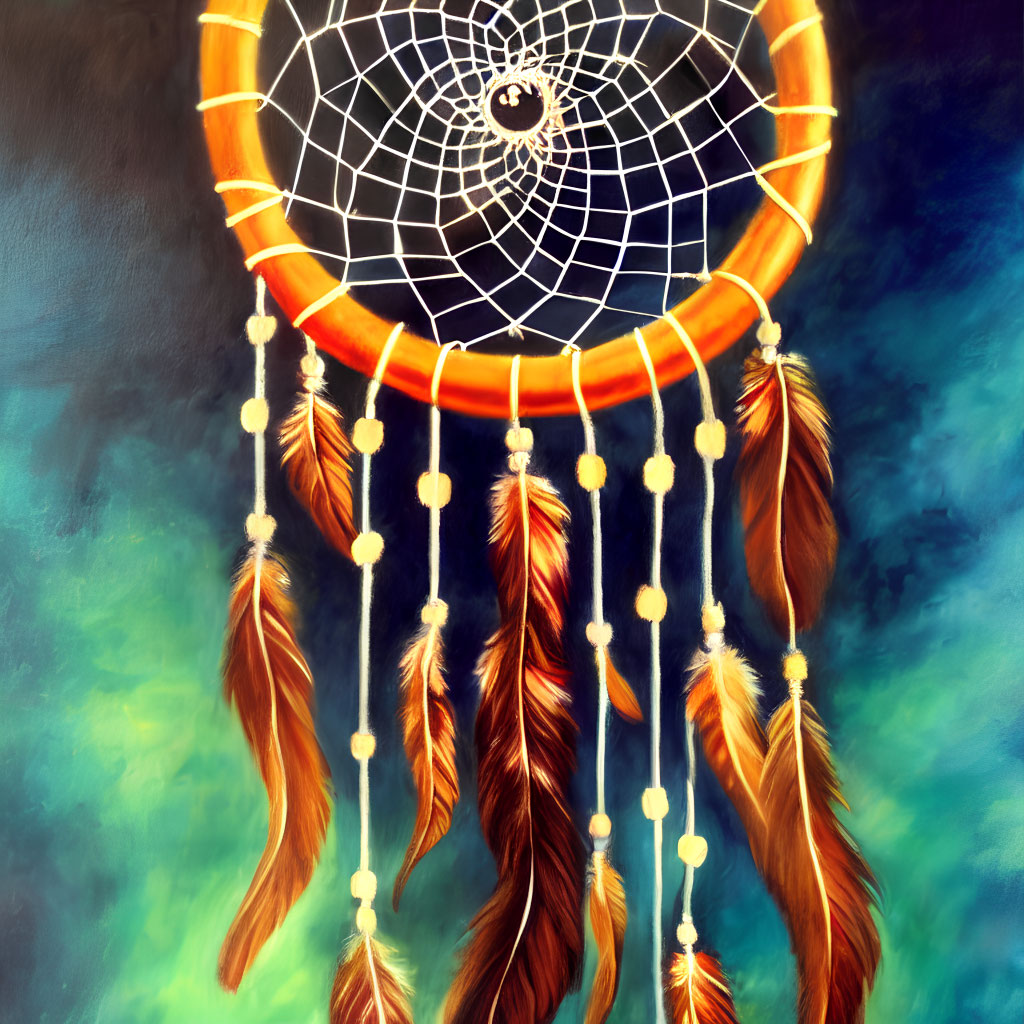 Vibrant dreamcatcher illustration with feathers and beads on blurred background