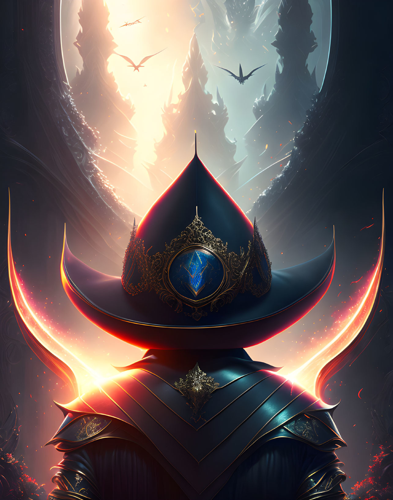 Illustration of ornate helmet with blue gem in fantasy setting