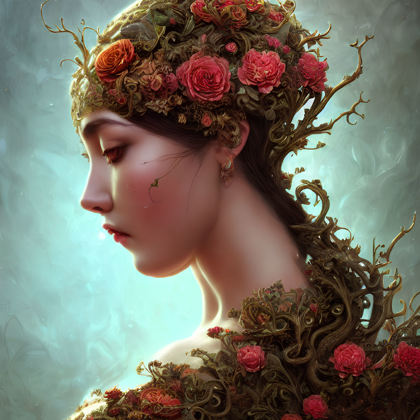 Digital art portrait features woman with rose crown & nature details