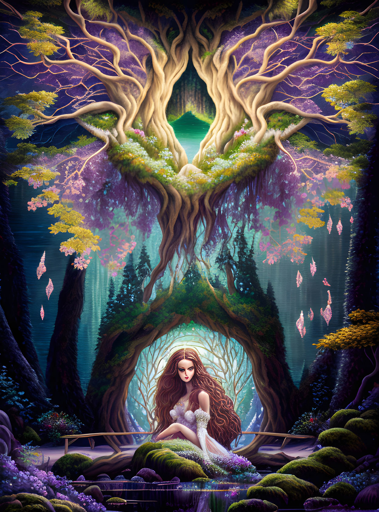 Woman with flowing hair under heart-shaped tree in serene illustration