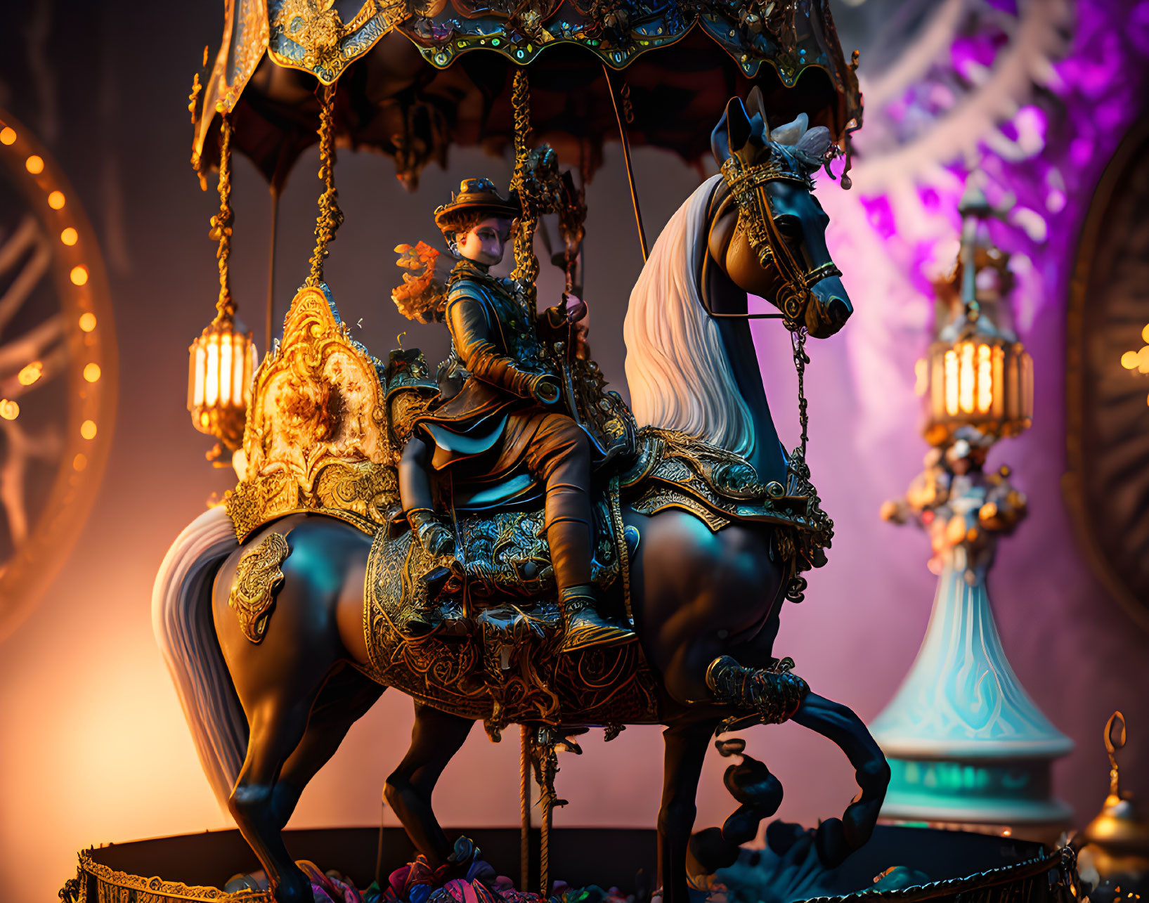 Ornate Carousel Figure with Black Horse and Rider