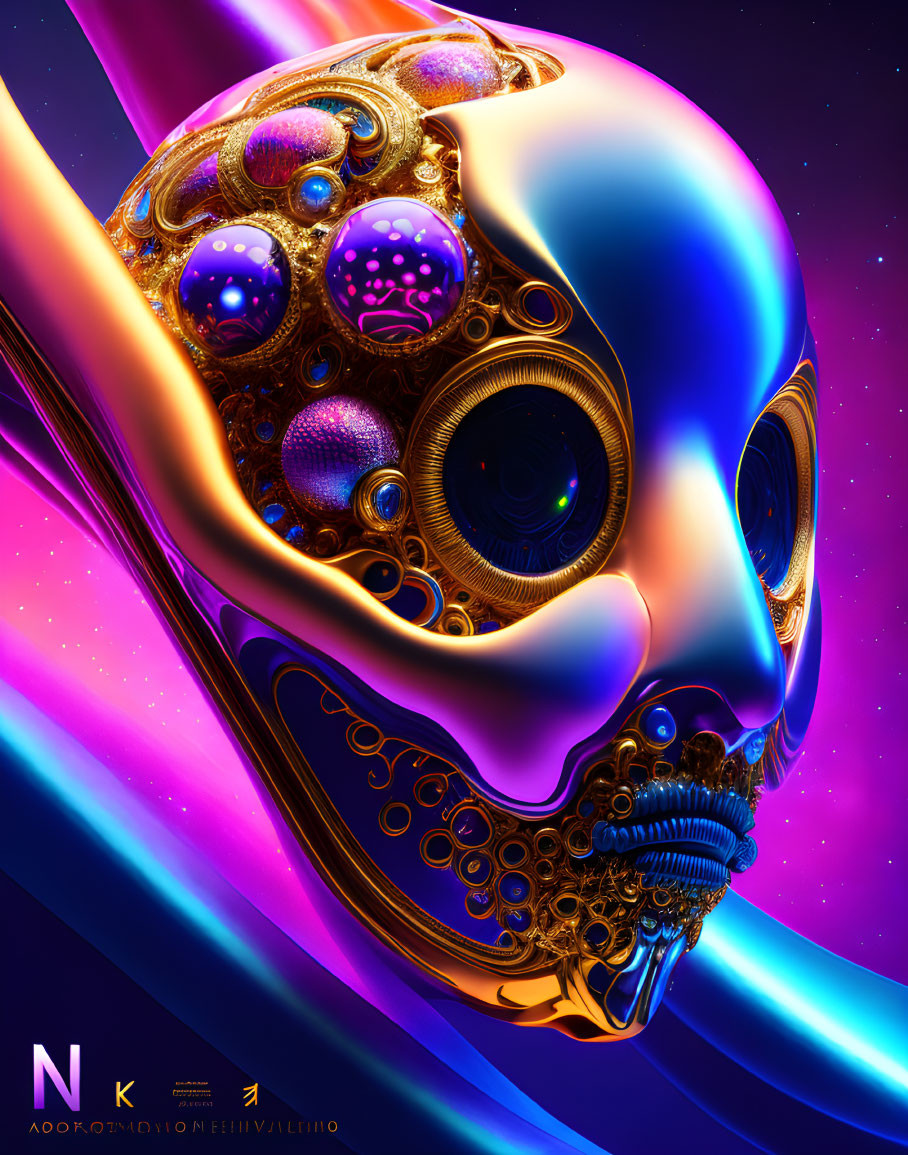 Colorful digital artwork: Skull with gold details, cosmic spheres, neon background