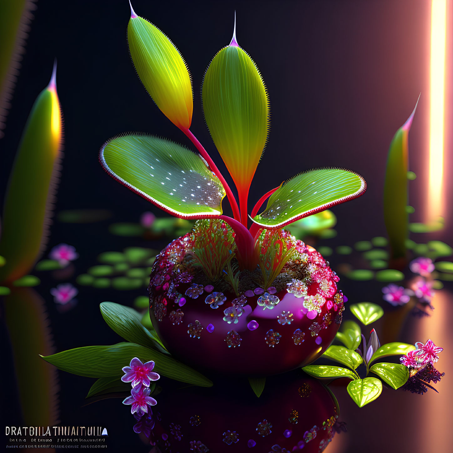 Colorful digital artwork of glowing plant with green leaves and red accents