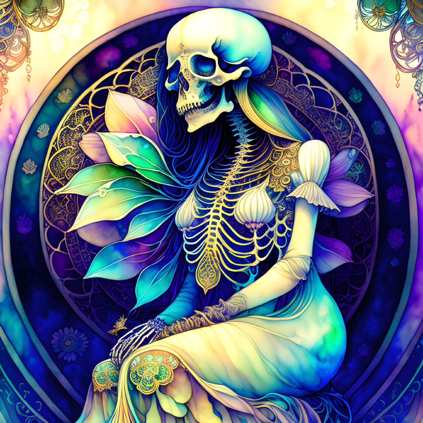 Colorful Flower-Adorned Skeleton in White Fabric on Decorative Background