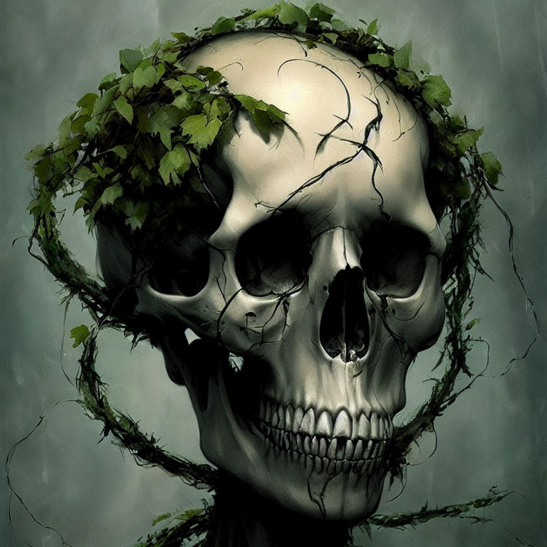 Illustration of human skull intertwined with green ivy