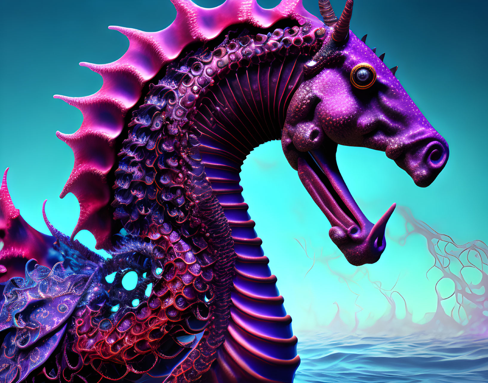 Vivid mythical seahorse digital artwork with purple body and pink fins