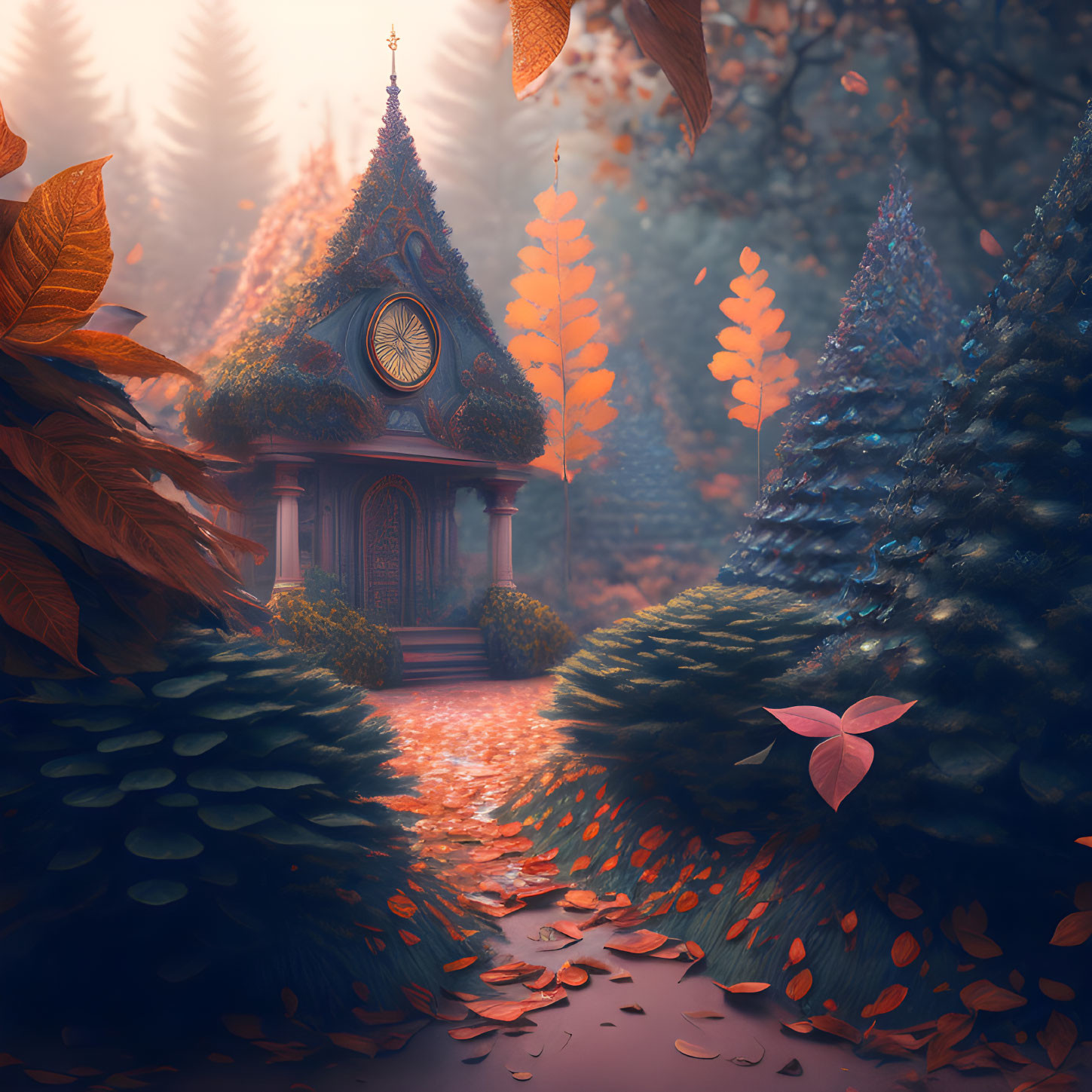 Mystical autumn forest clock tower with vibrant leaves