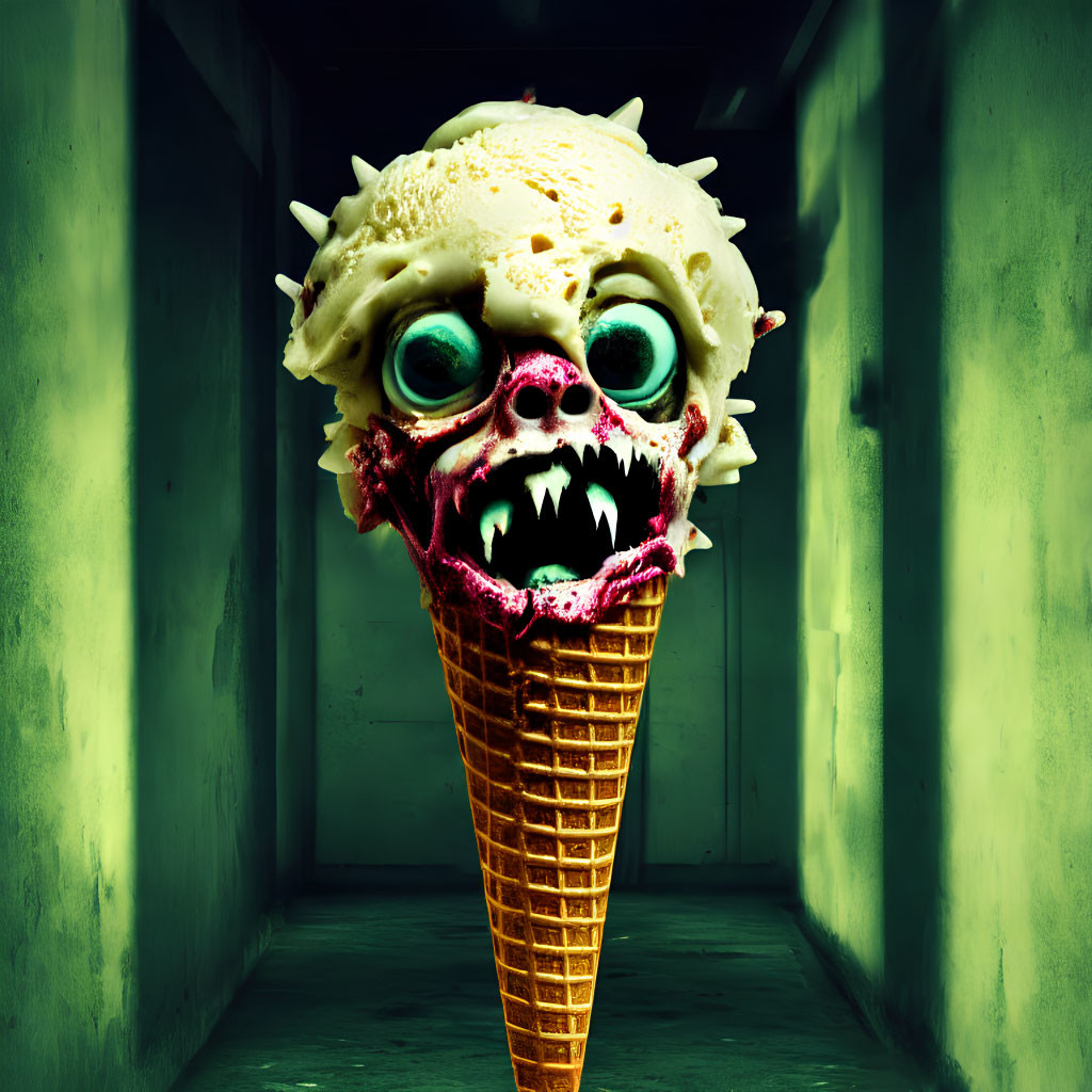 Skull-faced ice cream cone in eerie green corridor