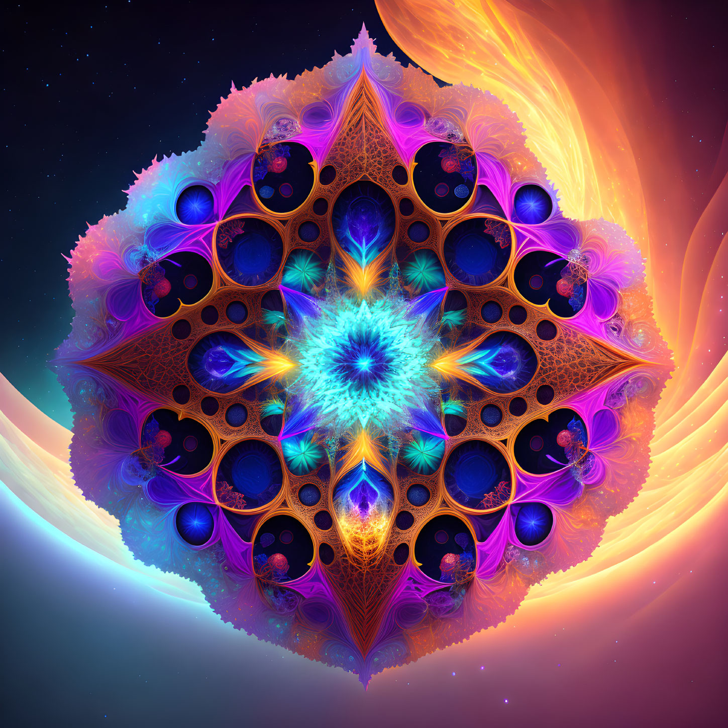 Symmetrical blue, purple, and orange fractal cosmic flower design