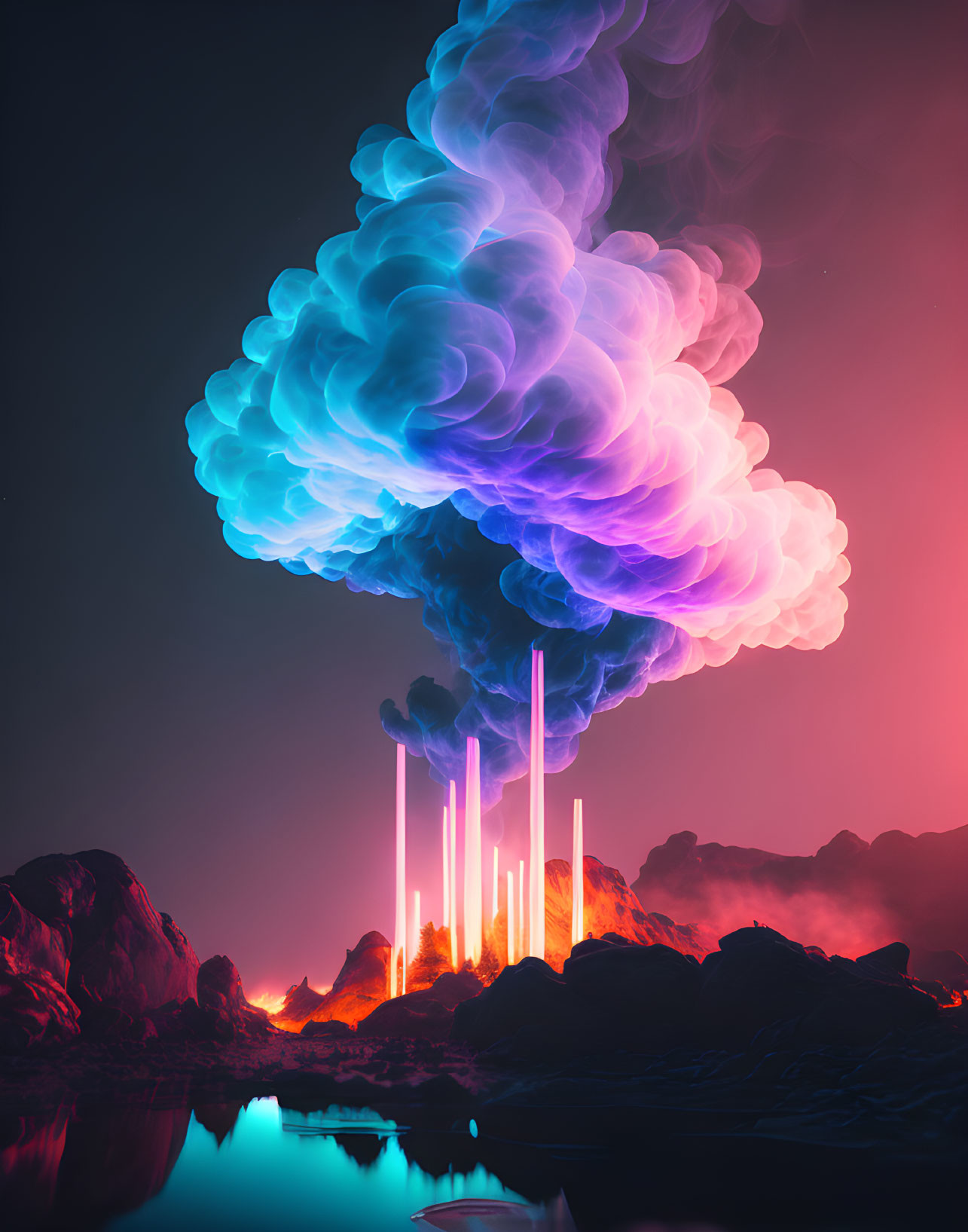 Surreal landscape art with neon pillars and colorful clouds