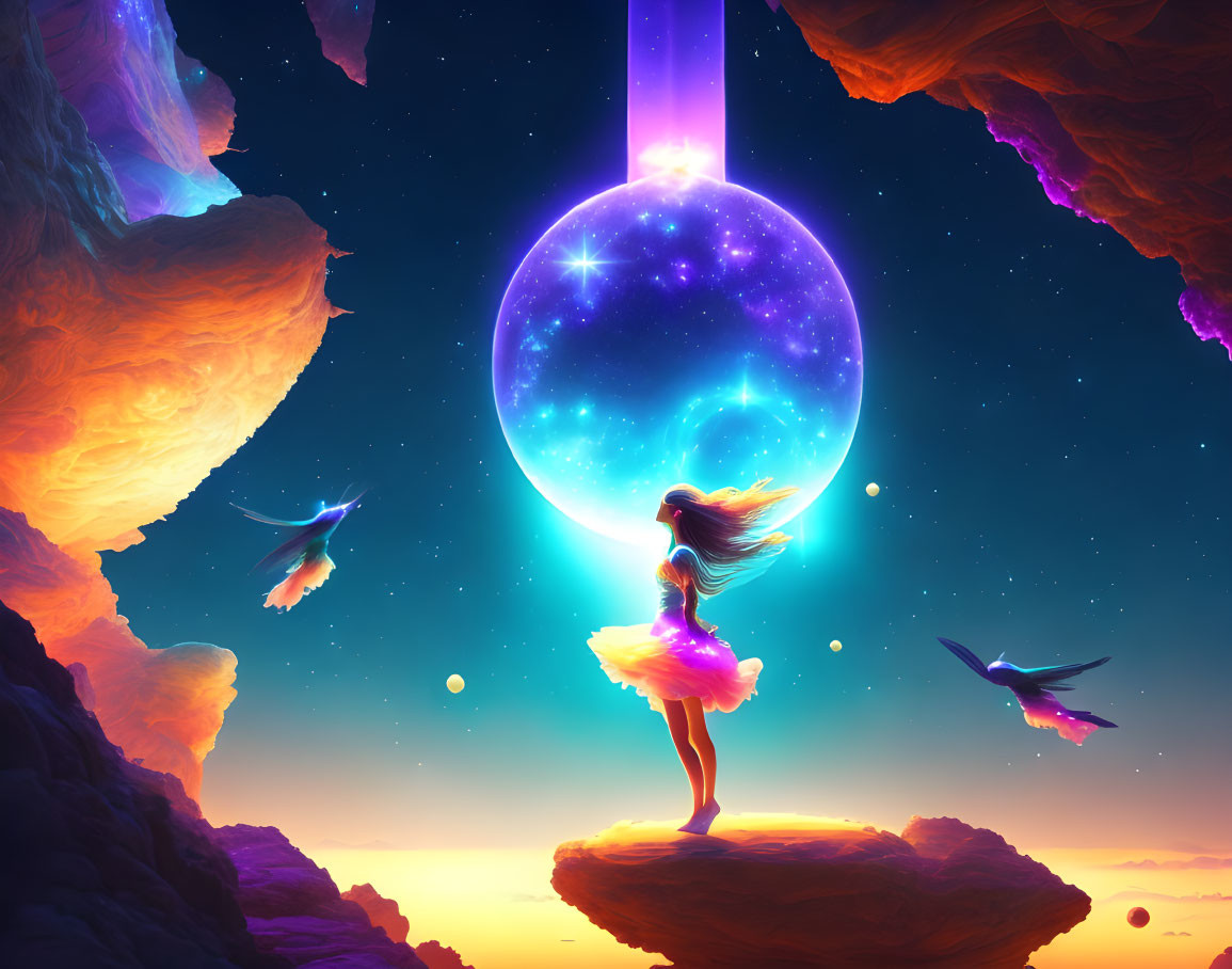 Girl on rock reaching for glowing orb amidst floating islands and luminescent birds in starry sky.