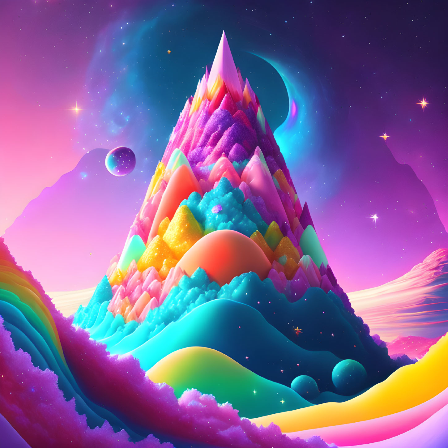 Colorful surreal mountain landscape with starry sky and unique textures.